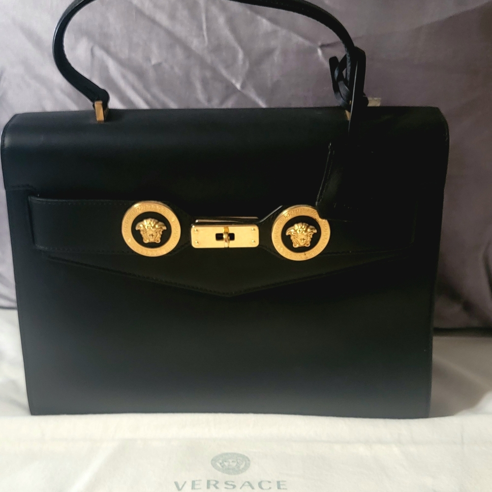 Authentic Versace Elegant Black Satchel with Gold Medusa Details
